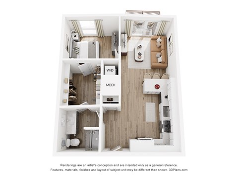 Floor plan for 1 bed, 1 bath, 719 sqft
